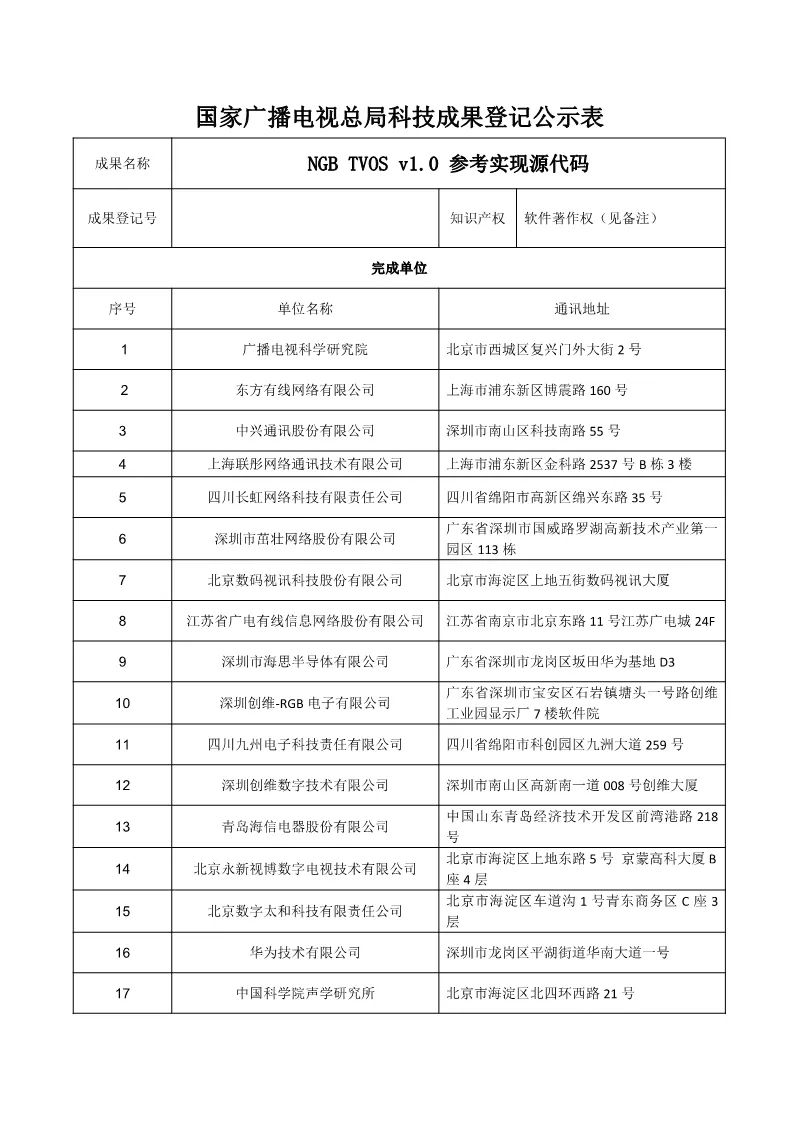 广电总局对《NGB TVOS v1.0 参考实现源代码》等9项科技成果进行公示