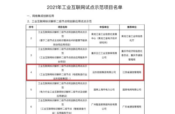 工信部公布2021年工业互联网试点示范项目名单，远东控股入选