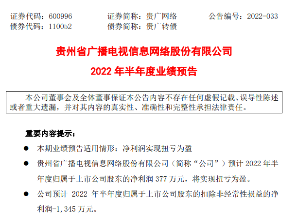 贵广网络2022上半年净利润预计377万元