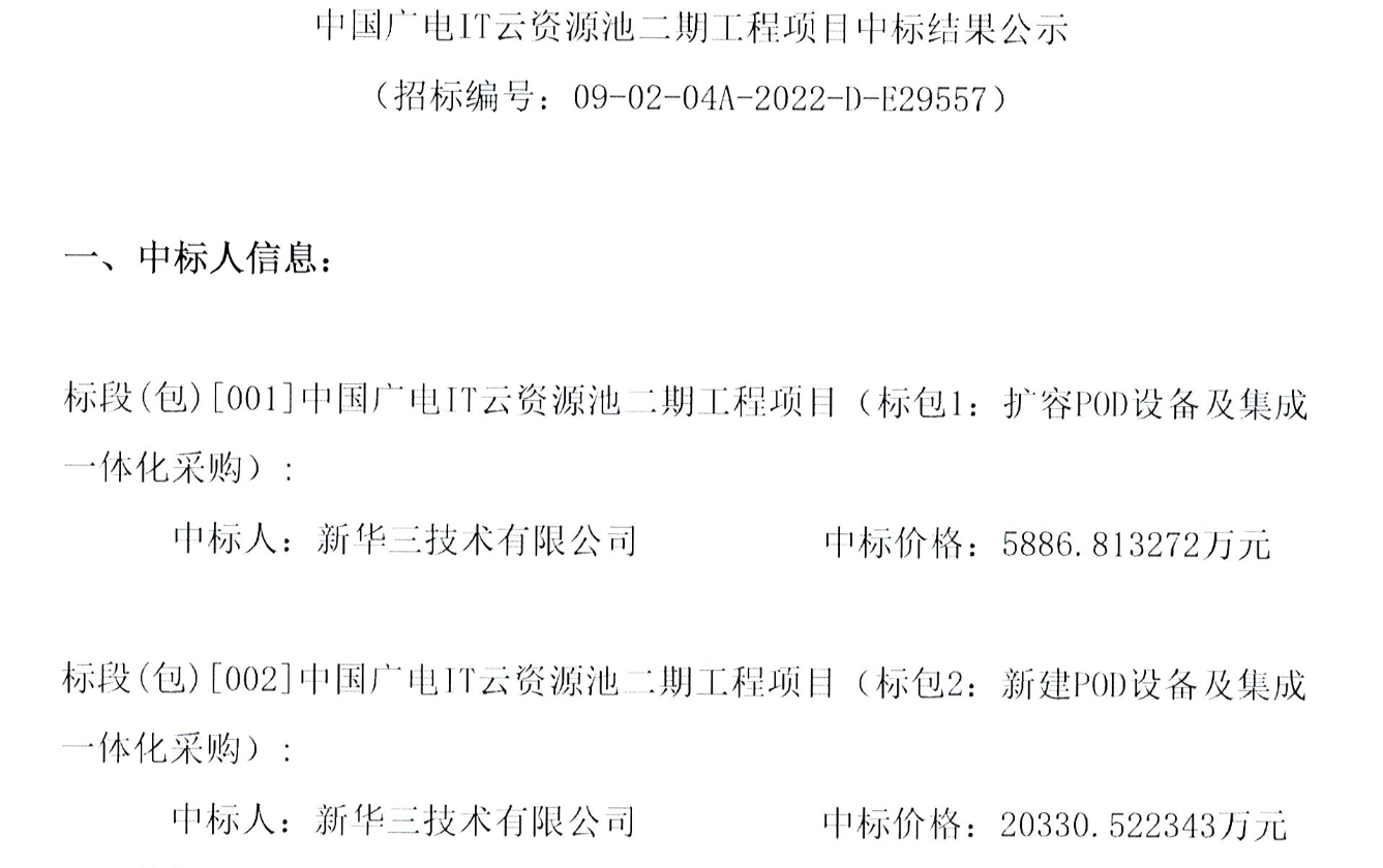 2.6亿元！新华三中标中国广电IT云资源池二期工程项目