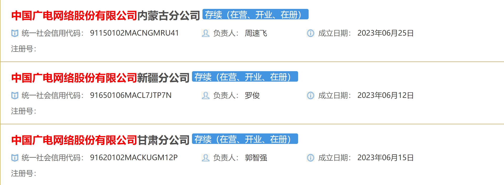 重磅！31家中国广电网络股份有限公司省级分公司全部注册完成