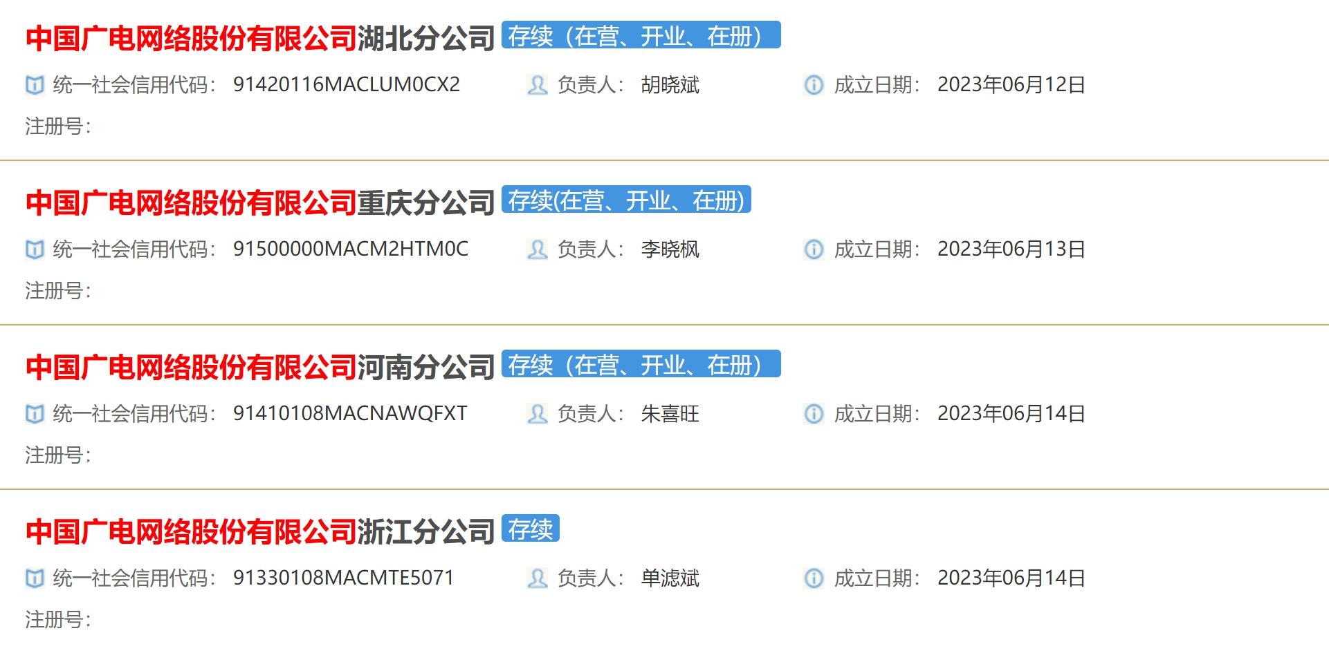 重磅！31家中国广电网络股份有限公司省级分公司全部注册完成