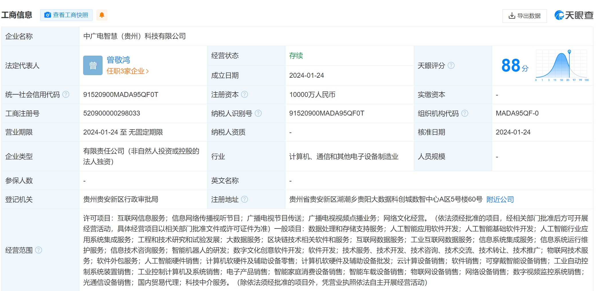 涉及多项人工智能服务，中广电智慧（贵州）科技有限公司注册成立！