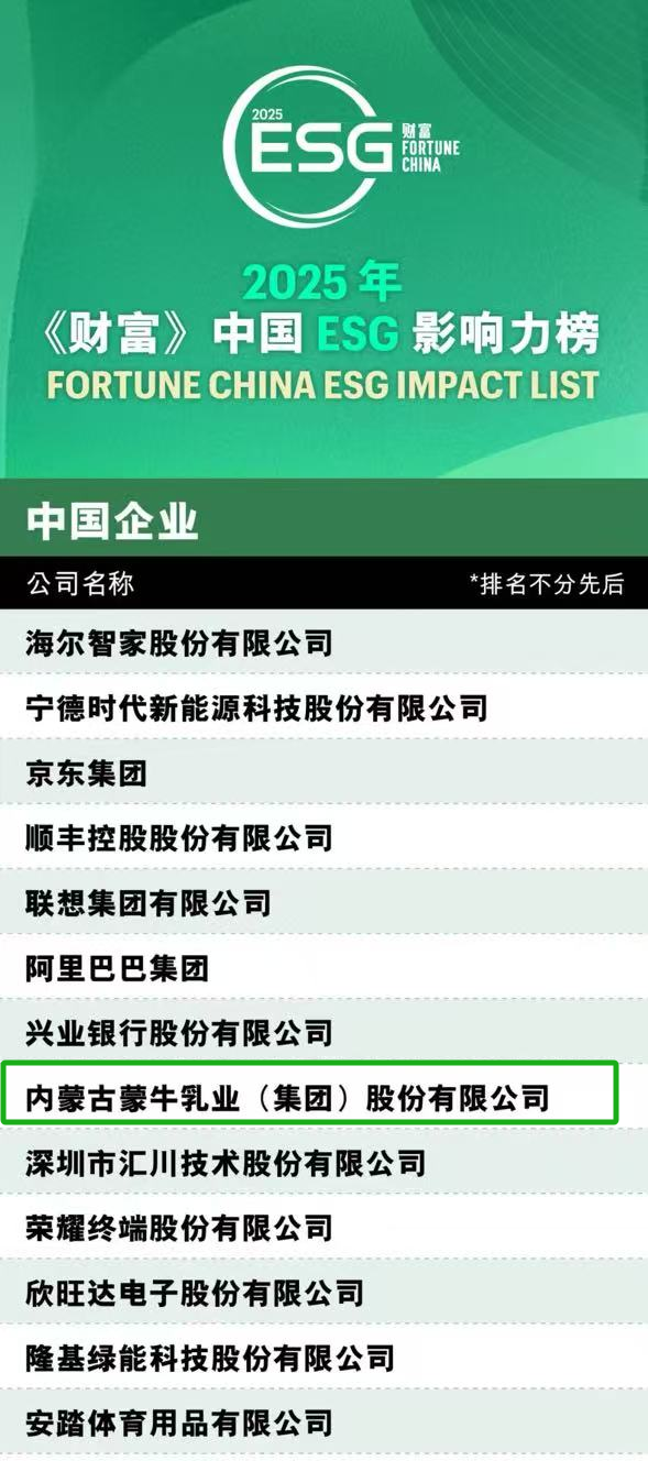 中国乳业唯一！蒙牛荣登2025年《财富》中国ESG影响力榜