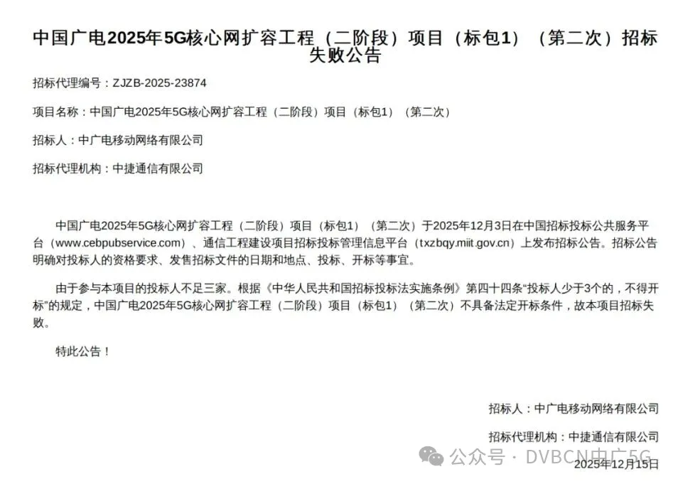 中国广电2025年5G核心网扩容（二阶段）标包2、3启动招标 此前包1两次流标